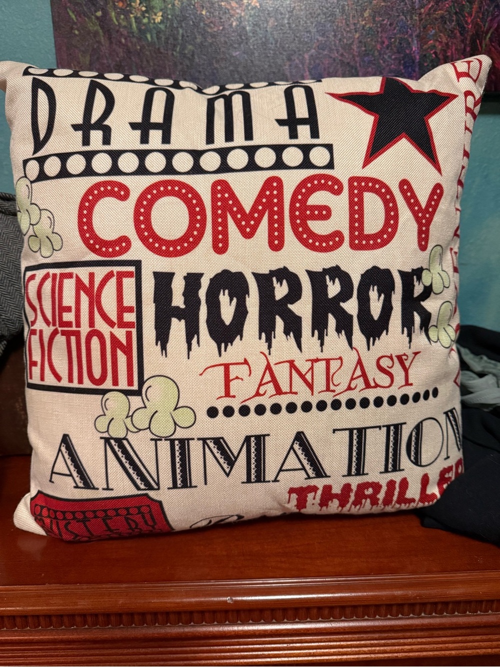 Typography Movie-Theme Decorative Pillow - Red, Black, Cream